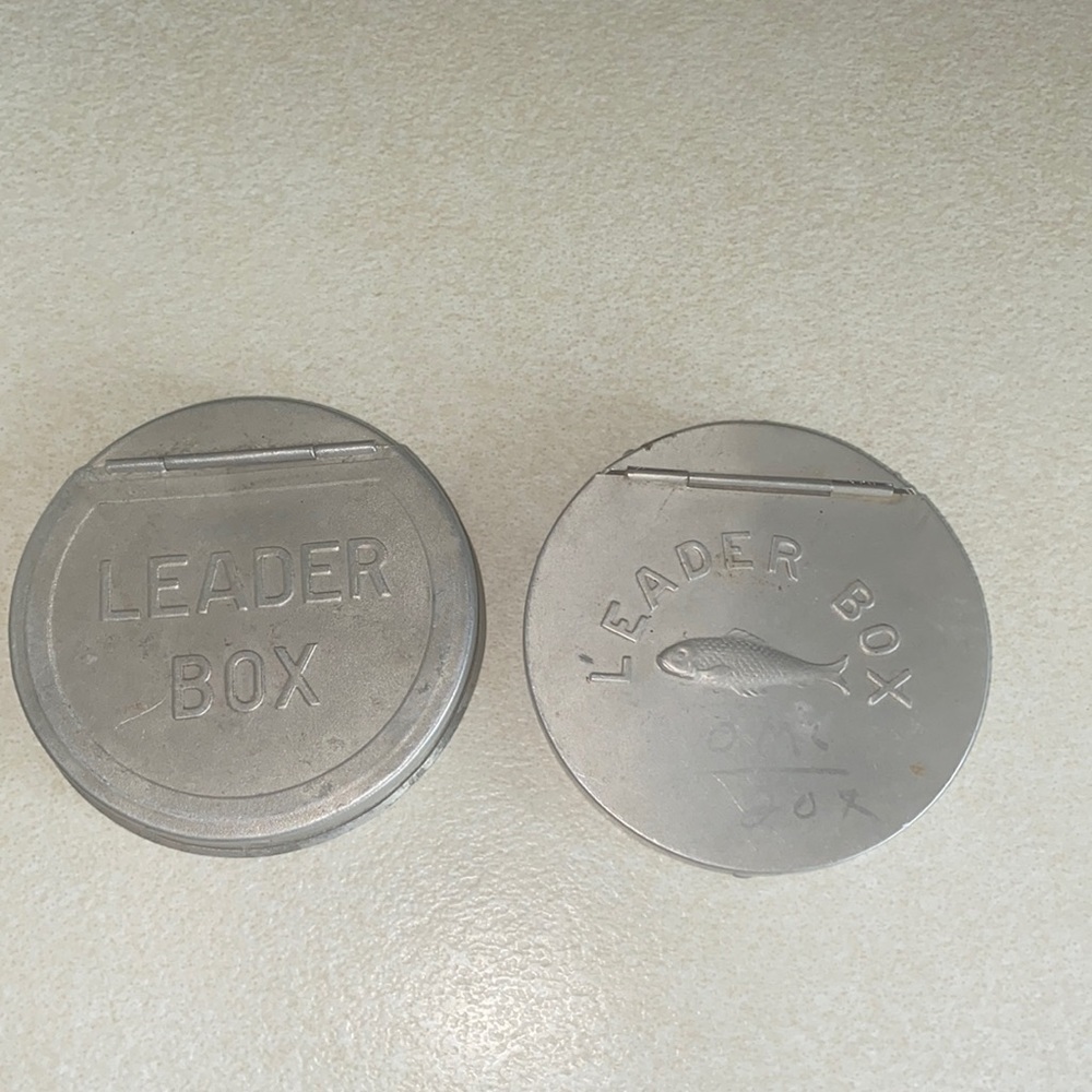 Vintage lot of 2 aluminum fishing lure/line hinged lids leader boxes